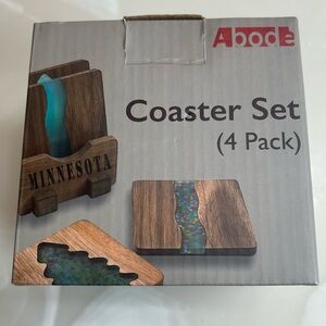 NIB Abode Wood Square Coasters Resin Epoxy Set of 4 River & Trees Minnesota